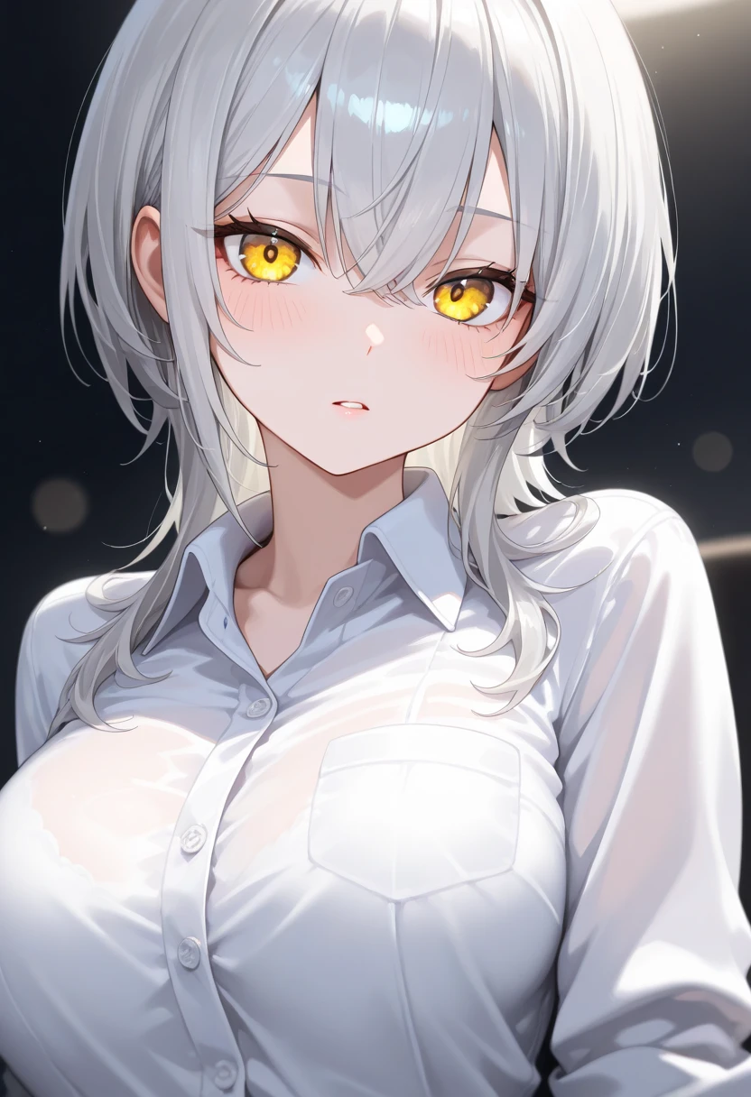 nsfw,1 girl,White hair,yellow eyes,face,upper body,breasts,masterpiece,best quality,very aesthetic,absurdres,light Areola,skin,extended_downblouse, frontbend,White shirt,over shirt