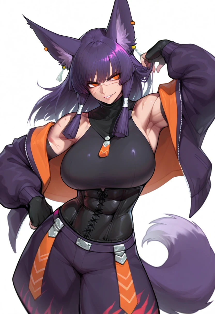 Wolfie, hells, girl1, solo, leather pants, furry, hair, ears, earrings, spiral breasts, furry hands, (best quality 1.2)(Masterpiece 1.2) serious look, lightning hands,glowing hands, electric hands