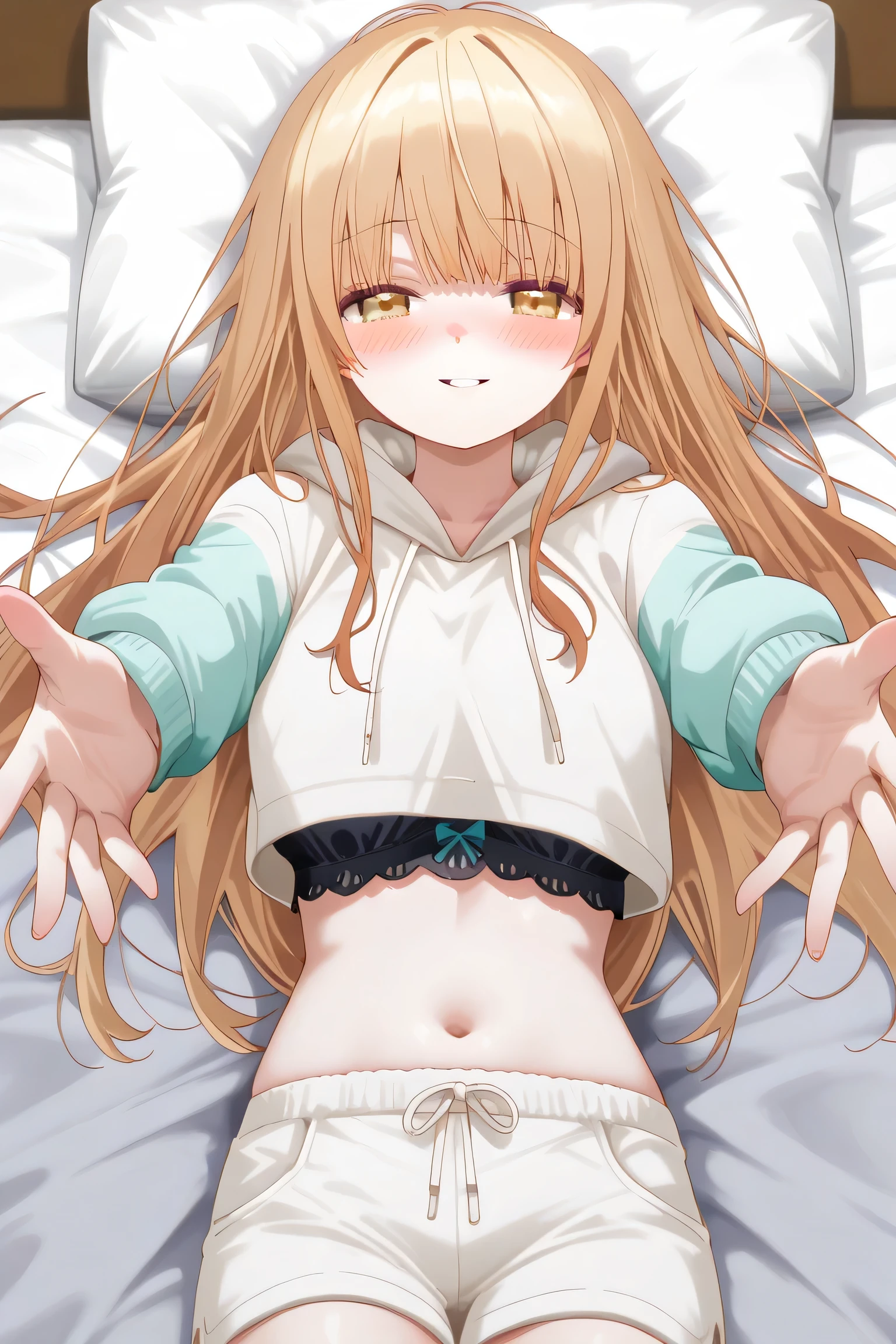 Mahiru Shiina: cropped hoodie, white shorts, reaching towards viewer on back, lying, outstretched arms, looking at viewer, parted lips, blush, torogao, reaching towards viewer, on back, on bed, pillow, lingerie, cowboy shot, smile
