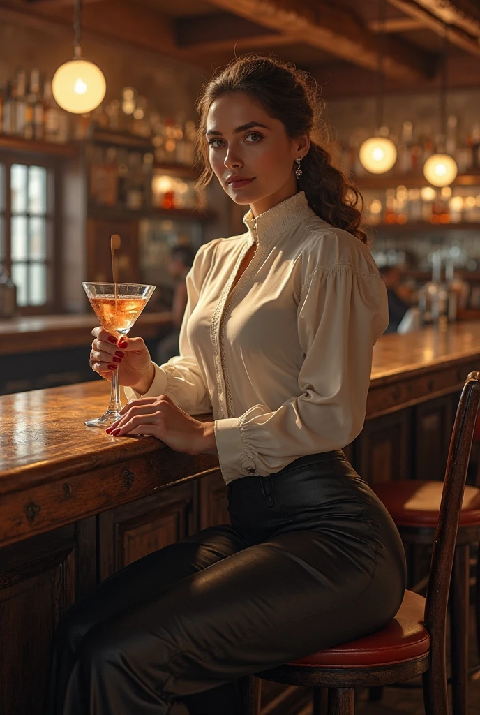 (fotorrealista: 1.4), (mejor calidad: 1.0), (Ultra Highres: 1.0), 8k, foto RAW, (obra-prima: 0.2), 1girl, piel hermosa, Piel detallada, Sonriente, sentada, Parte superior del cuerpo, (office lady :1.5, bar:1.5)