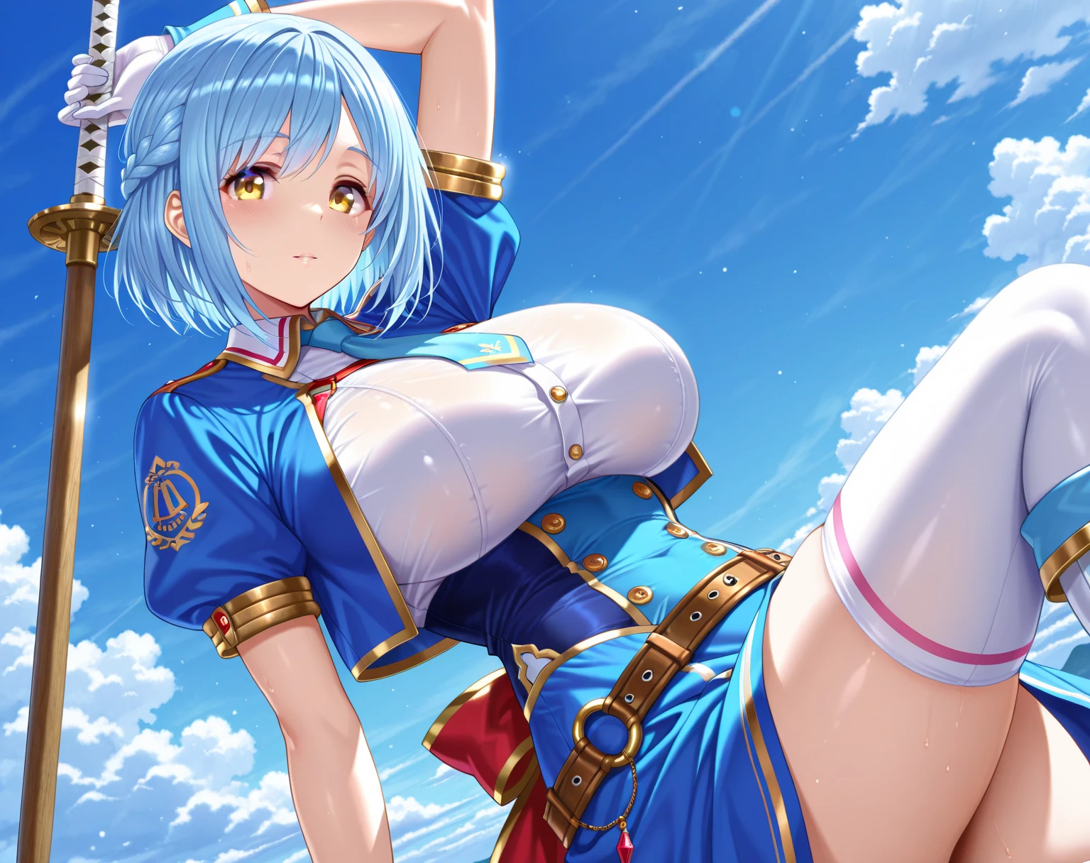 (8K), Sharp Focus, hight resolution, 1girl in, Alice, Upper body, Alice Def, Blonde hair, (sash, Bow, Hair Band), huge-breasted, Dress, (High quality:1.2), (high detailing:1.2), (masutepiece:1.2), (Extremely detailed:1.2),(((Insertion into the vaginal opening)))、(((fullnude)))、(((sweat-wet skin)))、(((Crying face)))、(((Half squats)))、((((View from directly below))))、((((incontinence))))