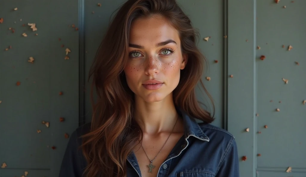 photo shot on Nikon D850, 16k, sharp focus, masterpiece, Hyper Detailed, breathtaking, atmospheric perspective, diffusion, pore correlation, skin imperfections, DSLR, 80mm Sigma f2, depth of field, film grain, intricate natural lighting, gorgeous sexy woman, adult (elven:0.7), freckles, green eyes, light blonde layered hair, full length photo, solo, perfect body, detailed background, detailed face, (post-apocalyptic dark dystopian theme:1.1), smile, backlighting, magical atmosphere