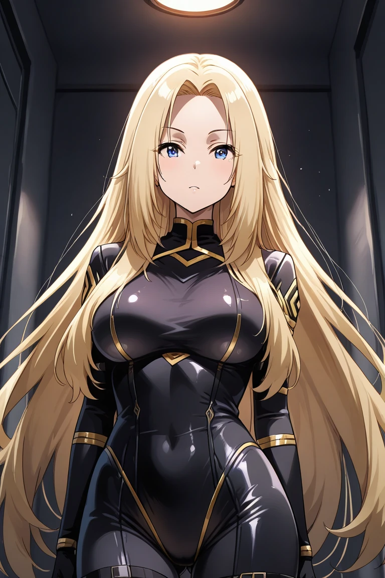 alfa, body preto e amarelo, 1girl, sozinho, cabelos longos, orelhas pontudas, blonde hair, seios, Bodysuit, seios grandes de alta qualidade, best quality, ultra detalhado, master part,