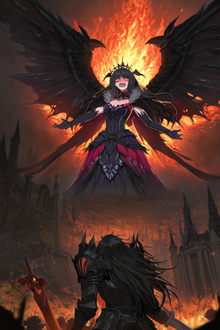 pretty red evil fallen angel-demon woman with huge wings falling in the streets in the apocaliptic city in hell in flames