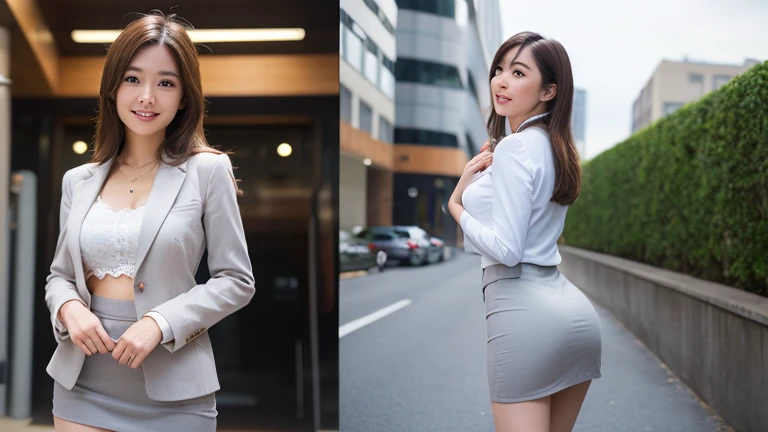 (realisitic、Photorealsitic:1.37)、(​masterpiece)、(top-quality:1.4)、(超A high resolution:1.2)、(Raw photography:1.2)、(foco nítido:1.3)、(facefocus:1.2)、elegent、(full body Esbian:1.2)、(1 girl wearing detailed pencil-skirt and suit-jacket:1.3)、(OL)、professionattire、high-heels、、(happy smail:1.3)、(Shine Hair:1.3)、 [poneyTail]、 BREAK、
(Colossal tits)、Bright daytime outdoor、from the rear, Backshots, bangss, beautiful finely detailed eyes, see the beholder, (cute little), (without makeup)