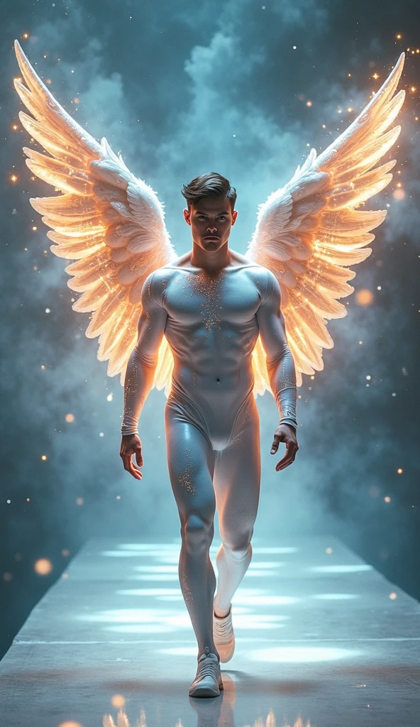 handsome looking young man as Archangel Raphael with wearing long angel wings and have slim body and have green energy aura colour as background realistic photo