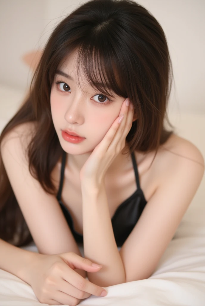 ((masterpiece, highest quality, High resolution, UHD, Perfect Pixel, Depth of written boundary, 4k, RTX, HDR))), 1 Girl, single, Alone, One beautiful girl, Beautiful Style, 16 years old, ((Long Hair, bangs, Dark brown hair, Messy Hair)), ((Detailed face, Blushing:1.2)), ((Smooth texture:0.75, Realistic texture:0.5)), indoor, Bedroom, Top view, Perfect body, Dynamic pose, Underarm,Small breasts, Small breasts,((Lying on your back in bed, Sleeping Beauty, Eyes closed,)), ((close, throw, cute, Shot in the face)), ((Yellow bra,yellow lingerie)), Natural light,Looking at the camera,Open your mouth wide、Open your mouth wide、Open your mouth wide、Open your mouth wide、Open your mouth wide、Open your mouth wide、Sticking out tongue,Sticking out tongue,