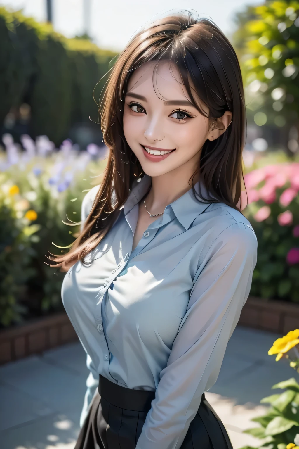 first person perspective, (masterpiece:1.3), High resolution, Super detailed, Highly detailed CG Unity 8k wallpaper, realistic, photo-realistic, RAW photo, beautiful and detailed face, white skin, realistic glistening skin, fine fabric texture, detailed hair texture, perfect body, beautiful face, Accurate, anatomically correct, Highly detailed face and skin texture, natural neck length, (beautiful hands), (Fair skin:1.2), thin legs, thin legs, neatly aligned teeth, break, fine eyes, symmetrical eyes, light brown eyes, double eyelid, thin eyebrows, (glossy lips:1.4), ((挑発的なsmile:1.2)), (blush:1.3), break, (classy and cute girl:1.3), (1 girl), (He is wearing an elegant light blue button shirt.:1.2), break, (ネイビーカラーのイレギュラーヘムロングskirt:1.2), (skirt), medium breasts, (slender body shape:1.1), strong abdominal muscles, beautiful clavicle, (dark blonde hair, wavy hair, long hair:1.2), ((asymmetrical bangs:1.2)), break, (standing leaning forward), ((in the outdoor 'Biergarten' of Japan at night:1.2)), (night), (night), (night), (upper body shot:1.2), looking at the viewer, From above:0.5,smile,laughter,A big smile,