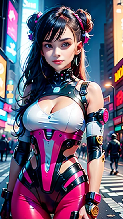((16K)),((masterpiece:1.3)), ((Highest quality)), ((Ultra-high resolution)), (Very detailed), ( ultra-realistic, Photorealistic:1.4), Perfect lighting,((Side light)), Surrealism,No makeup, Film Grain, chromatic aberration, Sharp focus, Face Light,((Beautiful detailsまでこだわった髪)),((Beautiful eyelashes)), Beautifully detailed face, ((Beautiful Hair)),Beautiful details, Beautiful clavicle, Beautiful body, Thin legs,Beautiful , Beautiful legs, ((Detailed and carefully drawn hand)), ((Cleavagted Chest, Perfect Anatomy, Supermodel with a long neck,((Skinny1.3)),23 years old,Looking into the camera,(Perfect Anatomy,Anatomically correct, Very detailed肌), Glowing Skin,((pale skin)),((beautiful girl:1.1)),(((large breasts:1.5))),facial structure,((Show your teeth and smile:1.4)),((Command nezuko:1.5)), ((demon slayer)), ((pink jacket)), ,((wearing (pink) Cyberpunk Gunfighter:1.2)), ((Futuristic pink Cyberpunk Outfit)), ((Don a futuristic ensemble with cyberpunk-inspired clothing, incorporating sleek lines and high-tech details:1.4, Gloves with Built-in Tech, Enhance the look with gloves that feature built-in tech elements, adding a sci-fi touch, Holographic Gun Holster, Carry a holographic gun holster for an avant-garde and visually striking appearance in a Hollywood-worthy action scene)), ((light effect:1.2)),((Spread legs:1.4)),ride(The car should have a sleek, aerodynamic design with sharp angles and aggressive lines. The body is made of a dark, metallic material with neon lights running along the edges, glowing in vibrant colors like electric blue, neon pink, or vivid purple)),background((Background of a colorful cyberpunk Tokyo street at night. The scene features futuristic skyscrapers illuminated by neon lights and holographic advertisements. ((Skyscraper Rooftop Gardens:1.4)),Flying vehicles zip through the sky, while people in cyberpunk fashion walk the streets below, The walls of the buildings are adorned with giant digital screens displaying vibrant ads and animations. The ground is embedded with colorful LED lights, creating an ethereal and otherworldly atmosphere throughout the city)),((from above))