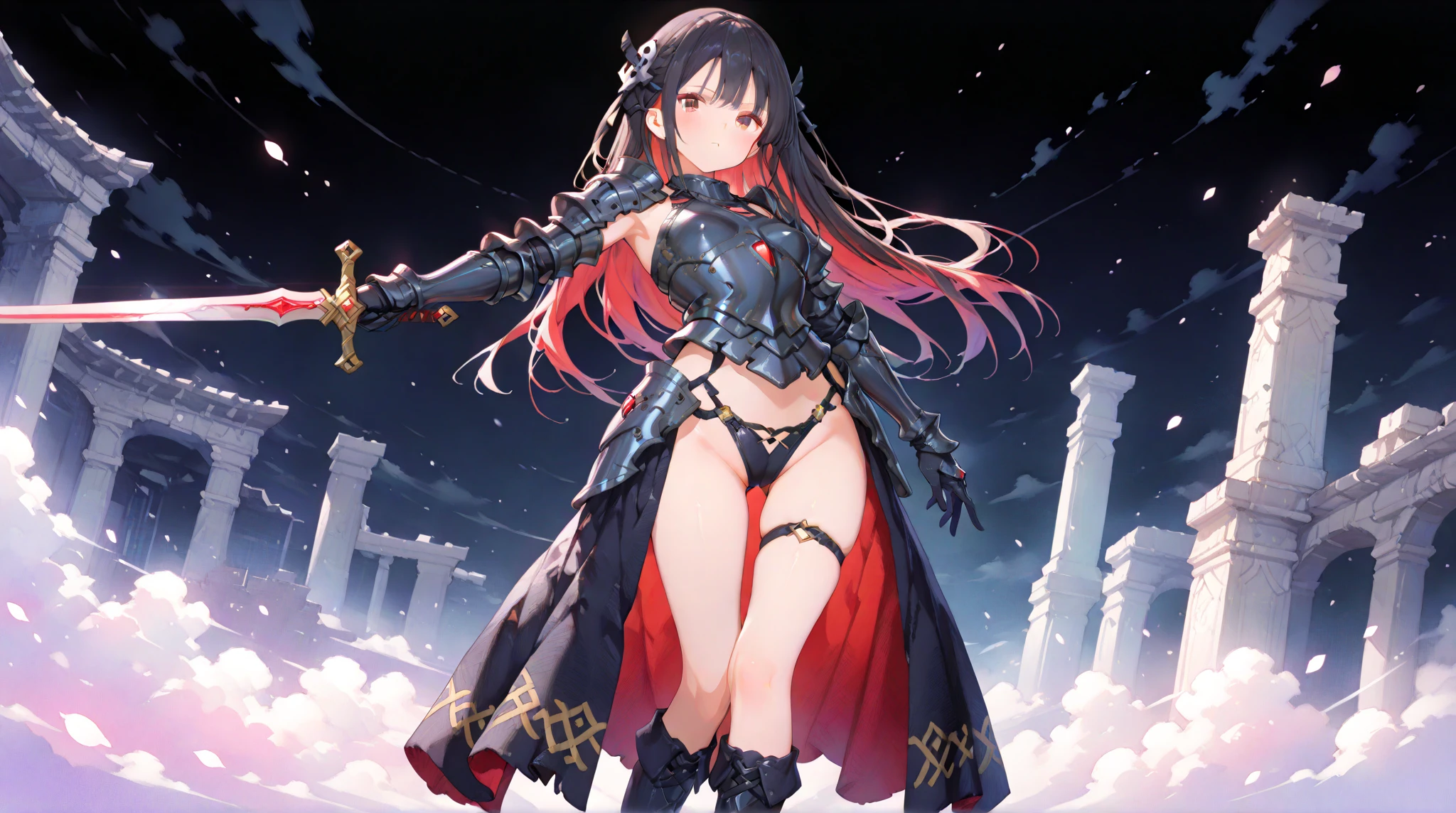 1girl,masterclass,best quality, illustration, solo, black hair, red eyes, rosaria, long hair, thighhighs, sword, gloves, crown, fantasy, elbow gloves, sitting, fire in the background, fire glow, sitting, outdoors, night, planted sword, sword planted into the ground, <lora:rosaria_awakened:0.65>