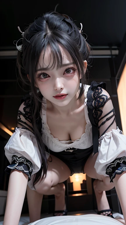 ((best quality)), ((masterpiece)), (detailed), perfect face (((masutepiece, of the highest quality, super detailed))), hand drawn style, hand painted style, watercolour, sketch, a knight, white background, plain background, Bloodborne inspired, tatty Bloodborne attire, occult aesthetic, occult, tatty red and white clothing detailed and intricate steampunk and detailed gothic lolita (with a hood), long coat, Complex laced boots, Fluttering lace flared long knee length dress with frilly petticoats, long dress, knee length dress, pleated petticoats, lolita dress, petticoats gothic lolita aesthetic, beautiful small breasts, (((flat chest:1.1))), (((( Highly detailed face))), small thin nose, Small thin lips mouth, (((Very sharp focused eyes))), Very large slit precision pale grey eyes that shine like jewels. (resolved expression), (resolute expression), ((dark hair)), ((long ponytail, thick ponytail, heavy ponytail)), very long eyelashes, white background, Very dramatic and cinematic lighting, tatty damaged old red and white clothing, full body, whole body, body, cosmic horror, grim dark, (NSFW)