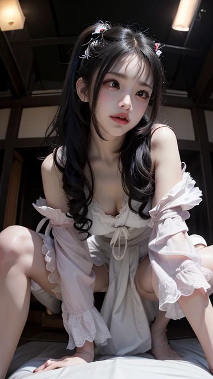 Master quality, highest quality, best picture quality, exaggerated details, a cute 8 year old asian little girl with a shy expression, slightly squinted eyes, adjusting her hair, long eyelashes (long hair / very, very exaggerated big breasts, big tits / in petticoat dress tissue, ), posing sit in front of the camera, wet breast hanfu, slim and tall waist, silk lace, xintong chen, with open v hafu acient chinese clothes, detail breast , detail cheast, , princess 8 yeald old cute, (huge boobs,cleavage),