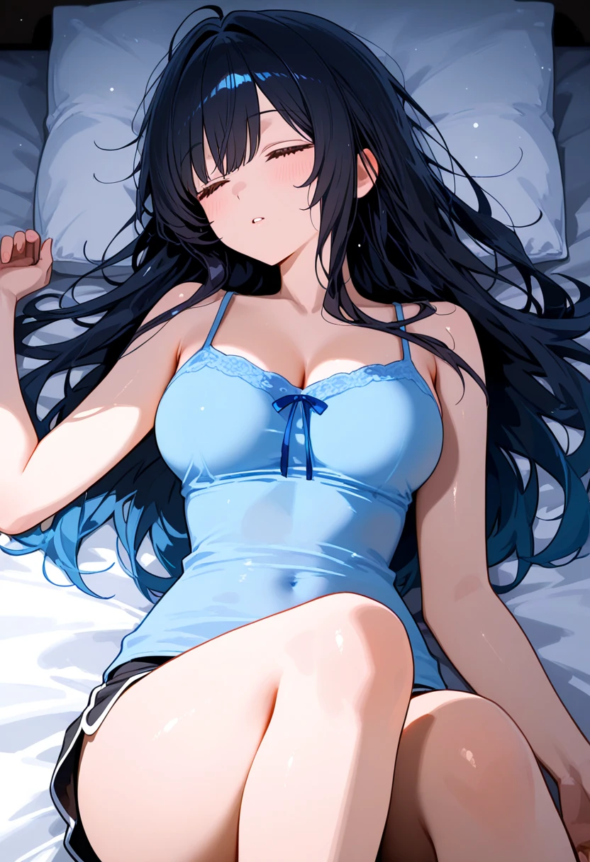 21 year old young man, long dark hair light blue eyes, big breasts and wide waist, very sexy, dressed in an open shirt at the bottom and white mini shorts, sitting on the bed with your hand on your breasts, Simple smile.
