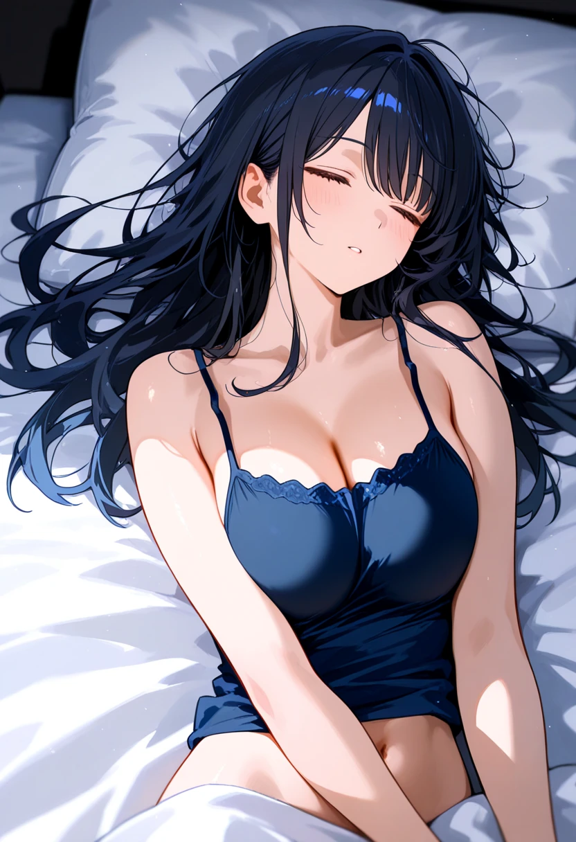 anime style depiction of a dark tan skinned girl clad in a bikini top and long skirt, snuggled closely with a white handsome boy wearing a t-shirt, boy comforting his girl's tummy, while sleeping in bed