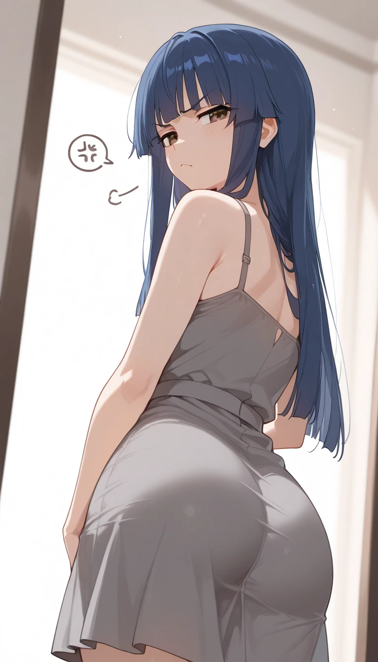 1 girl,Solo,(blue hair),black hair,red eyes,long hair,Tsurime,Curvy,best quality, very aesthetic, absurdres,straight,masterpiece, best quality, very aesthetic, absurdres,v arms,Thighs,cowboy shot,Embarrassing, have_to_pee,pantie
