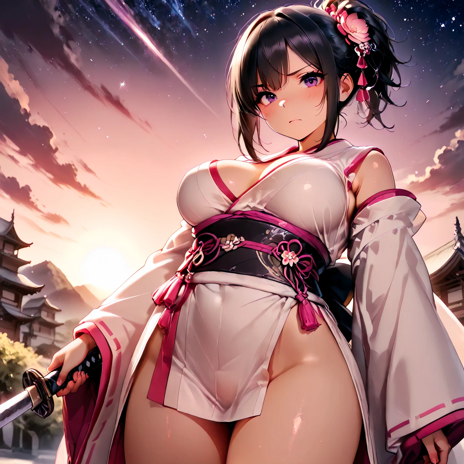 (Browsing Caution), (RAW Photos), (Realistic), (Photorealistic), Ultra-high resolution, masterpiece, Highest quality, Portraiture, facial Portraiture, Perfect lighting, Detailed lighting, Dramatic Shadows, Ray Tracing, Pure Eros Face_v1, Urzan-6500-v1.1, (((1 Japanese ninja girl))), ((smile)), ((cowboy shot:1.2)), ((random sexy pose)), looking at viewer, ((wearing a nijiarmor)), ((in old Japanese street)), ((night)), ((background with Cherry blossoms:1.2)), ((Cherry blossom blizzard:1.2)), ((moon)),