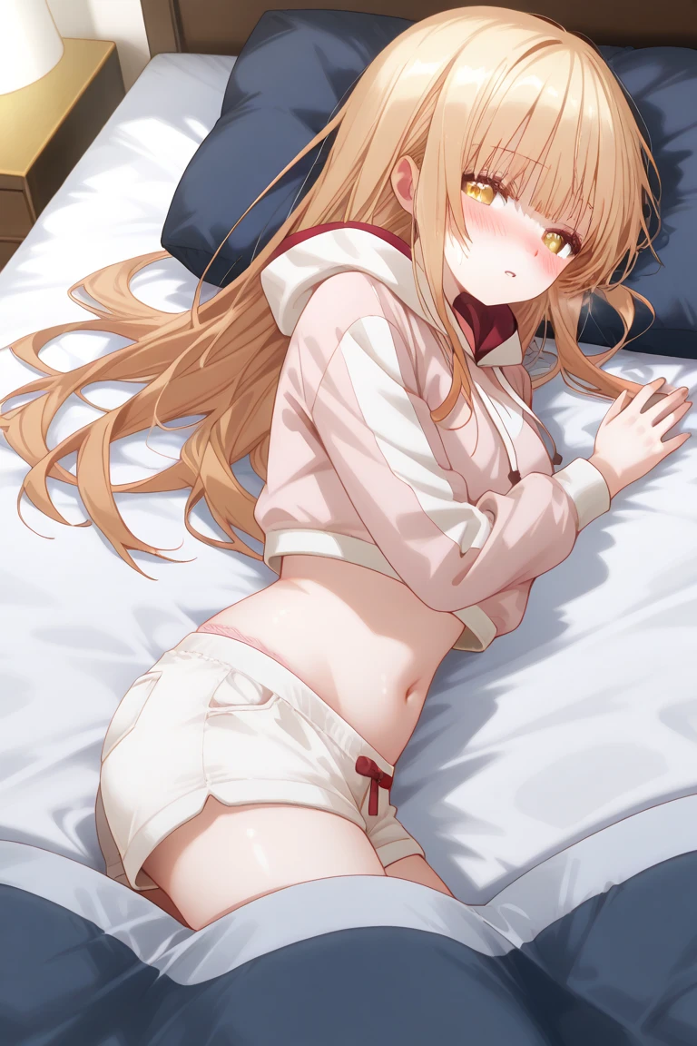 1 girl, underwear, hair, thigh, white_underwear,, long_hair, breast, white pajamas,unbuttoned pajamas,open income,navel,bare belly,eyes closed,eyes closed, exist_Back, In the bedroom, hindquarters, Bangs, split, blush,Lying on exist's bed,white,,white,Full body female love,arms open