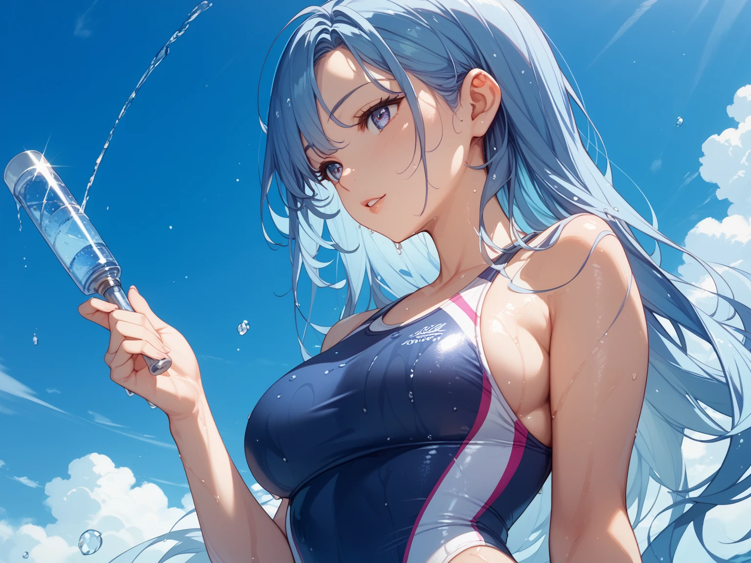 1girl, swimsuit,, hoodie sea, clear water, transparent, breasts, bright