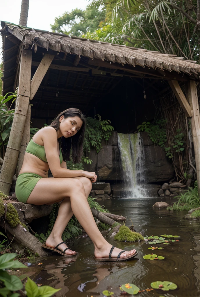 photorealistic, young and cute with raindrops, big half-closed eyes, short dress. he sprays water on his face, grimacing in amazement, with a garden hose, among the colorful tropical leaves and flowers of a lush jungle. rocks and moss. tangled and wet hair, heavy rain. High definition, intricate detail, 8k
