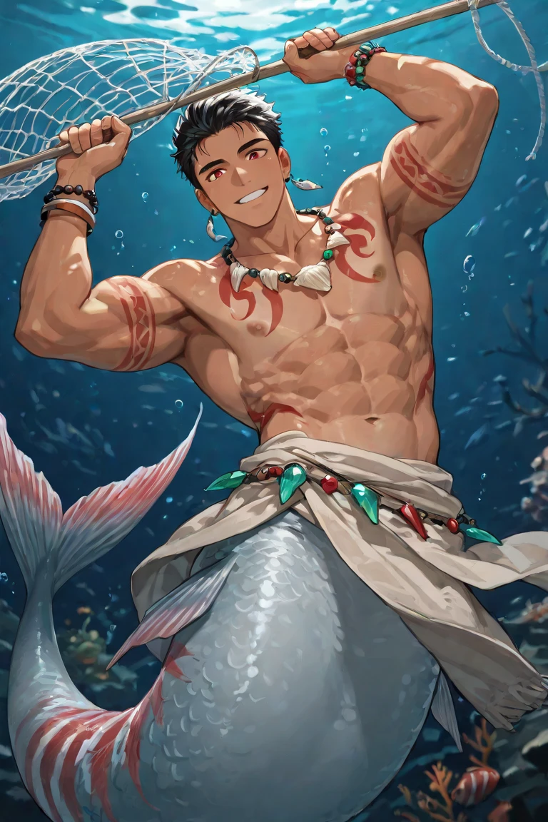 Full body image, mermaid tail, Boy 18 years old, big muscles, shirtless, short hair, sexy, tired face. Sexy poses under the sea, armpit hair