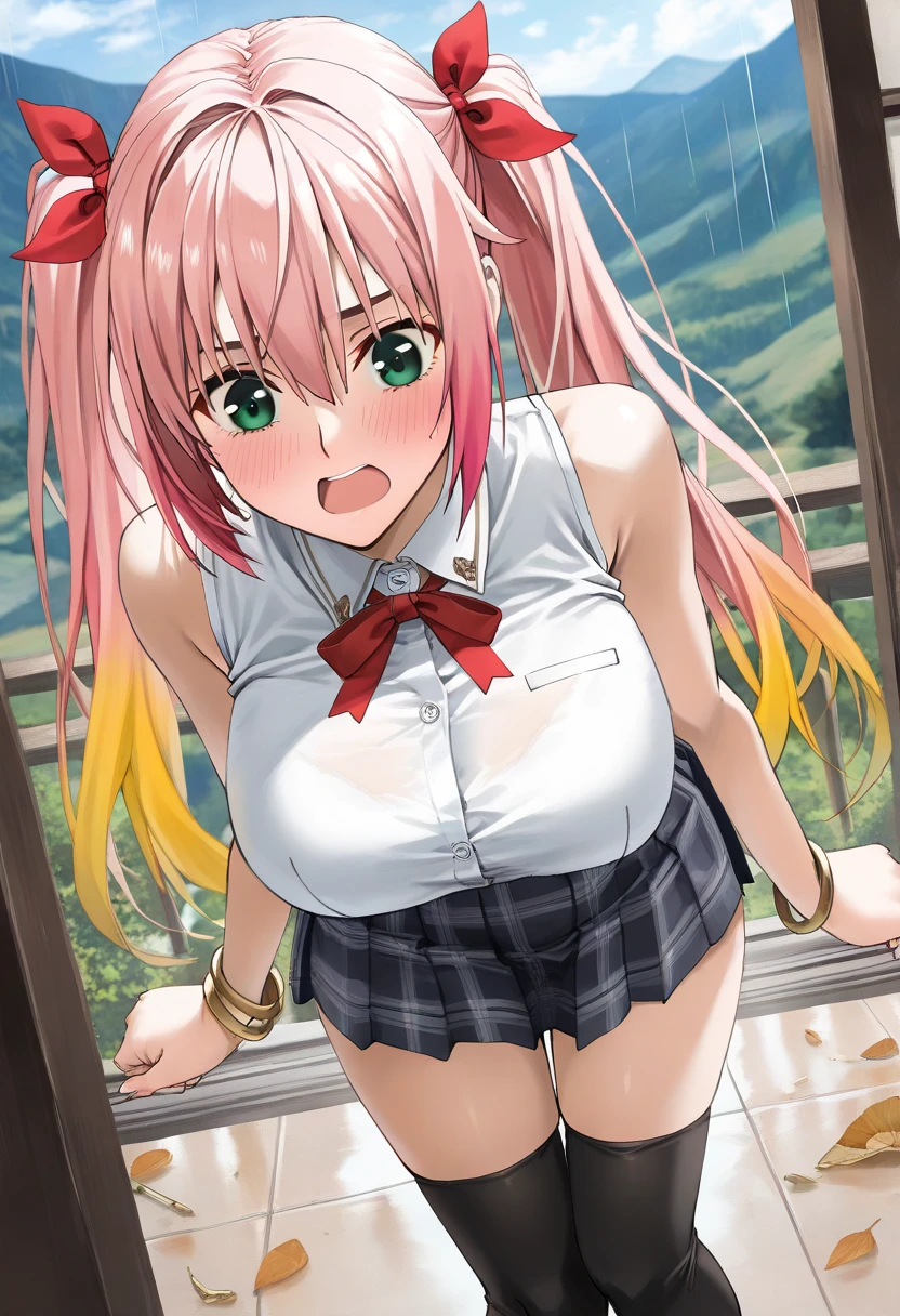 masterpiece, Highest quality, High resolution, anxiety, Long Hair, Ahoge, hair ornaments, Green Eyes, chest, , Green bow tie, Collared shirt, White shirt, Sweater vest,(Big Boobs), Yellow vest, Short sleeve, Checked skirt, Green Skirt, Beautiful thighs,Sitting on a chair with legs open,Panties are visible,peace sign, amusement park, smile, Are standing