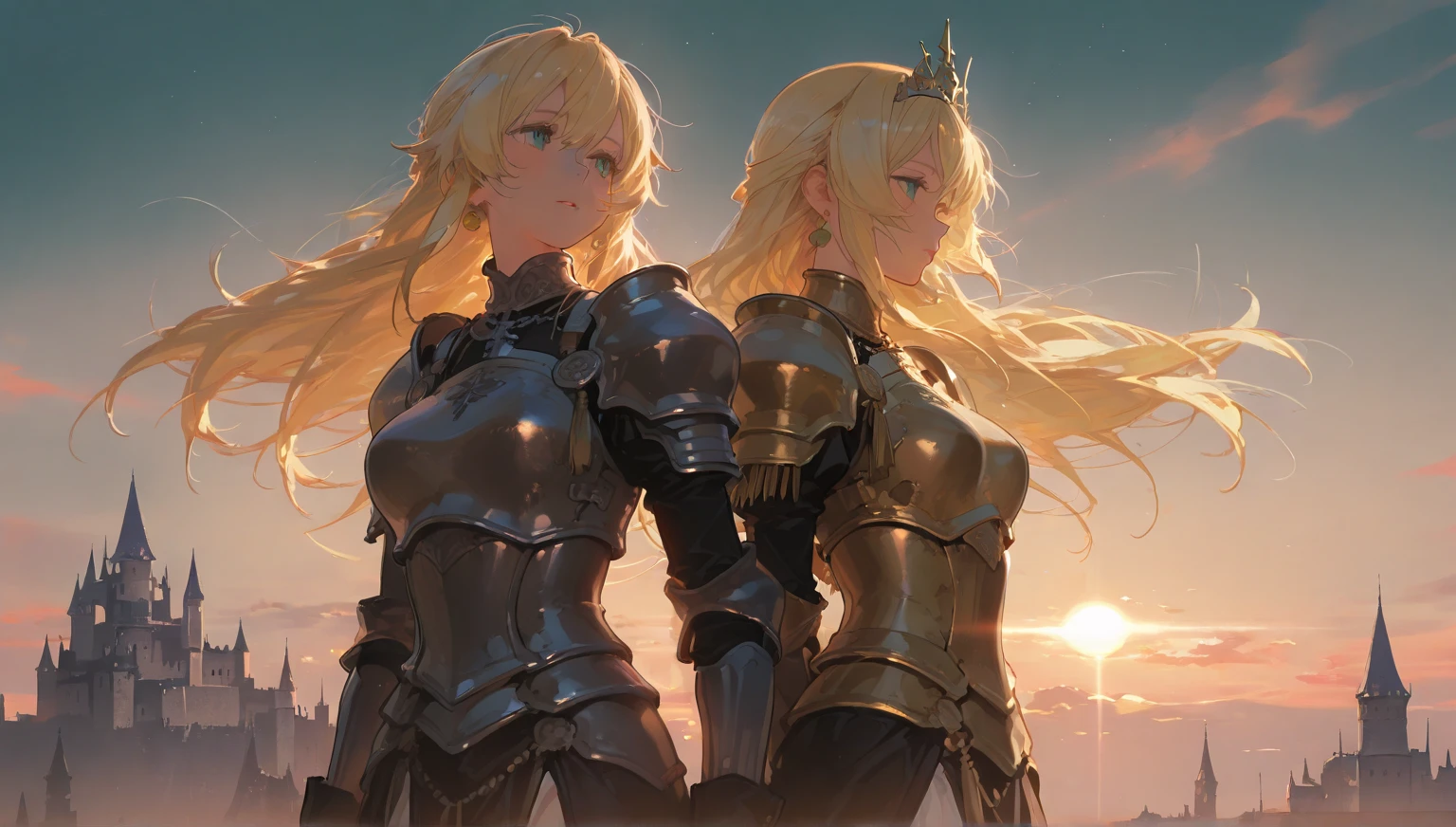 tow female paladin (x2 girls in same picture ) one blonde paladin with lovely golden eyes wearing a golden plate armor holding a golden mace and golden shield . second girl is redhead paladin wearing a black/red plate armor with a great black sword .