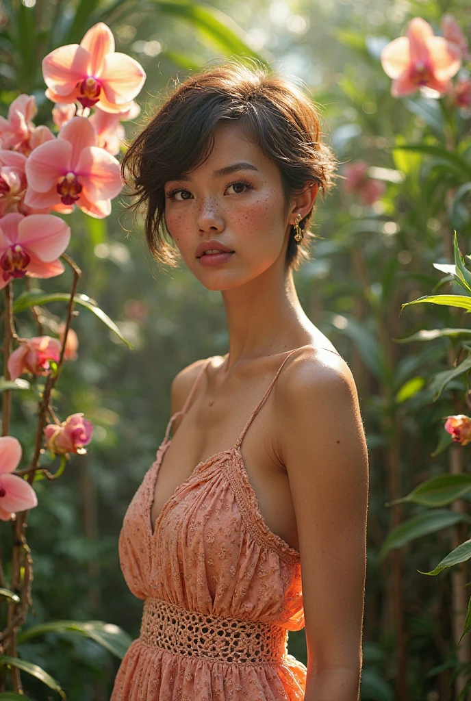 Foto hiperrealista en primer plano de asian woman, masterpiece, best quality, (photorealistic:1.4), full body, (gloss red evening dress1.2), cinematic light, beautiful asian woman, photo oh whole person, skinny, medium breasts, short hair (bob short hair:1.2), detailed face, smile, facing the camera, photo taken from a distance, summer, tropical, jungle, whimsical, intricate brush strokes, beautiful lighting, intricate details, Unreal Engine, creative, expressive, detailed, colorful, digital art, unique,