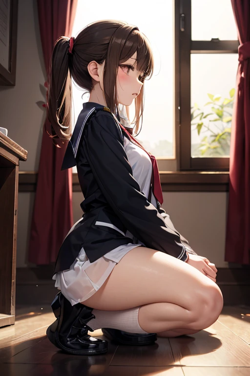 (NSFW:1.3), (Masseter muscle part:1.3)、(highest quality:1.4)、超A high resolution、(eye)、(Facial feature details)、(Details of garment features)、nffsw、8K resolution、solo focus、bangs、snug、(shiny skin) )、(slender girl)、lifelike、(highly detailed illustrations)、check comments、comment request、(in the school classroom、blackboard、window、desk and chair)、no text、VirtualGirl-Rin、(slight smile、embarrassed look、look of confusion、Respect)、(soft breasts、round protrusion in the center of the areola、small areola)、(black haired、ponytail and ribbon)、choker、1 mother、cute、high school girl、(The chest is covered with a transparent white sailor suit、dark blue pleated mini skirt) 、、(Black knee-high socks that cover from calf to toe、student loafers)、(Bend both knees and squat、spread legs、Straight neck with back and hips)、((Squatting in a transparent puddle on a desk、Spread your legs and look at the puddle,,、There is a clear puddle with a diameter of 45 cm below the waist.))、 (Her genitals and asshole are covered with transparent tiny white wet underwear、Liquid dripping from the crotch)、A person appears on the screen、correct amount of limbs、butt hole emphasiaintain posture with hands、View from behind、横eyeで振り返る、