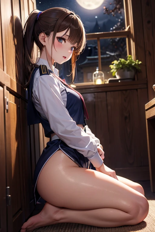 (drooping eyes, realistic skin, angle from below), ((straddle to hit her panties against the edge of pipe that was installed on the groundfor enjoy masturbation)), she has thick-pubic-hair, colorful shirt and skirt, outside of factory area, night