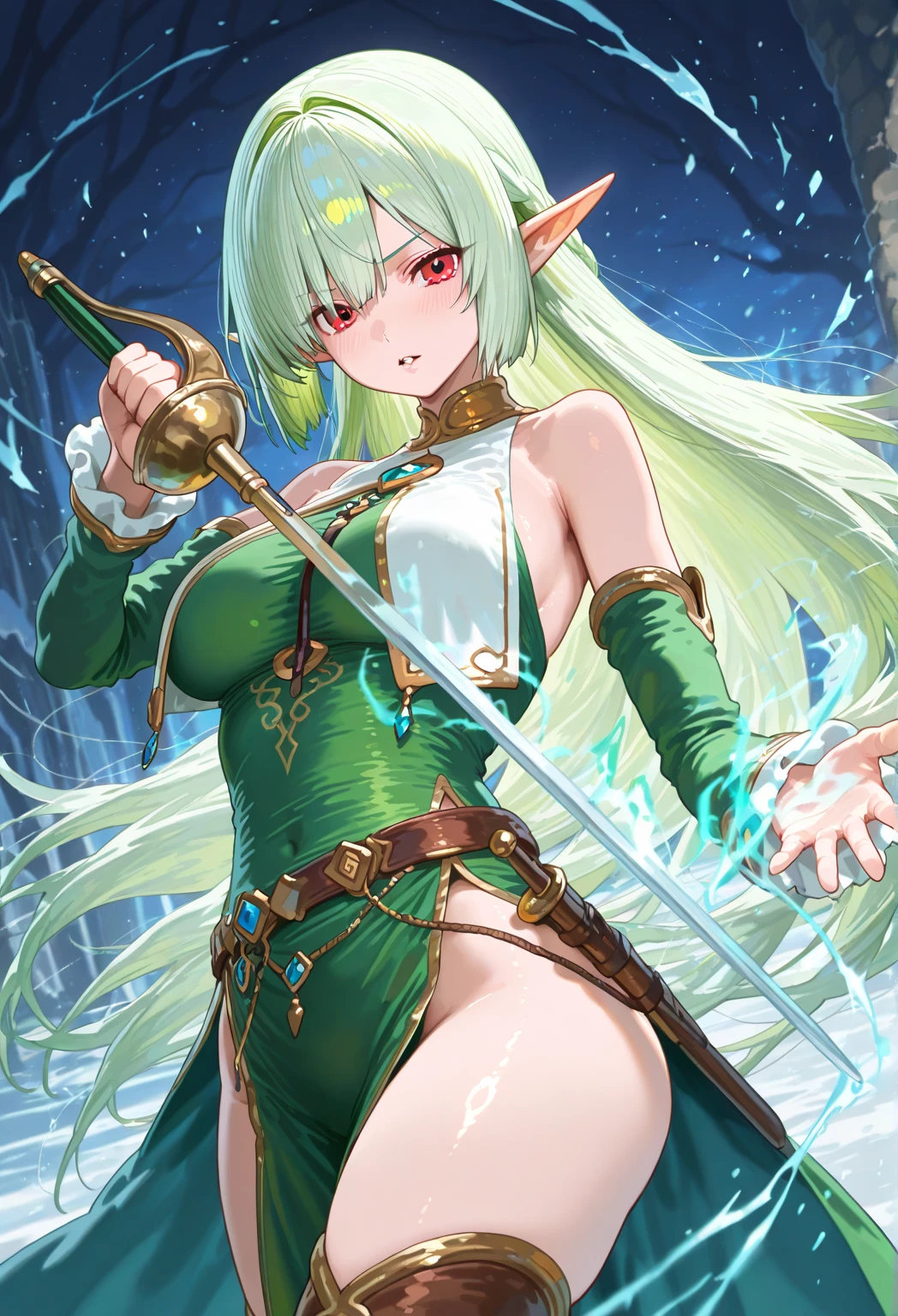 masterpiece, A girl with green hair and a green hat stands in the room, splash art, style art buds, elf girl, Renji Murata and Art Germ, Very warm, Bibby, art gelm style, style league of legends, Ruan Jia and Artgerm, art gelm style, ! dream art germ