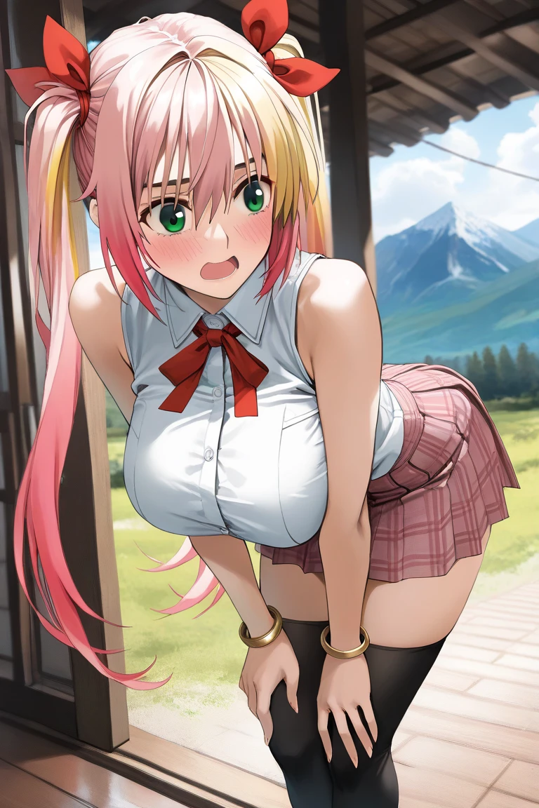 1 Girl, nakiri it has, Kneel down, High Leg Raise, navy High Leg Raise, jacket, Plaid skirt, Hands on breasts, (Cleavage)outdoor, Japanese cartoons_Screenshots_it has (Squinting ,tearful,Shy,blush,Open your mouth,saliva,)