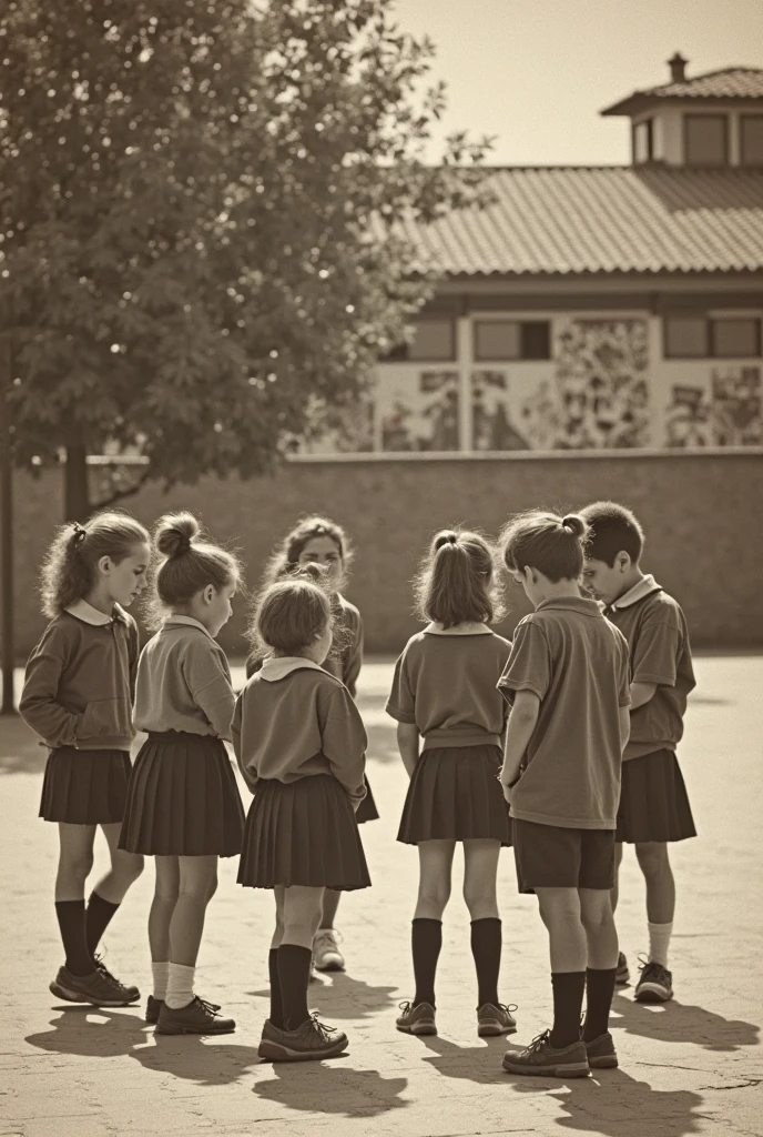 Two 2 girls at school and two of them bothering one of them with a boy, old black and white image