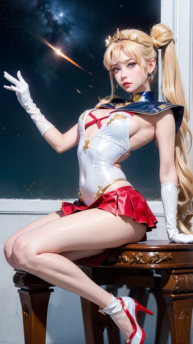 full body photo of ((She-ra)), ((The princess of the power)), blonde, white dress, white and lace underwear, high kick, 85mm lens, eos, 4k, exquisite detail, 4k, Canon EOS, 85mm lens, sharp focus, real texture skin, (ysfw:1.5)