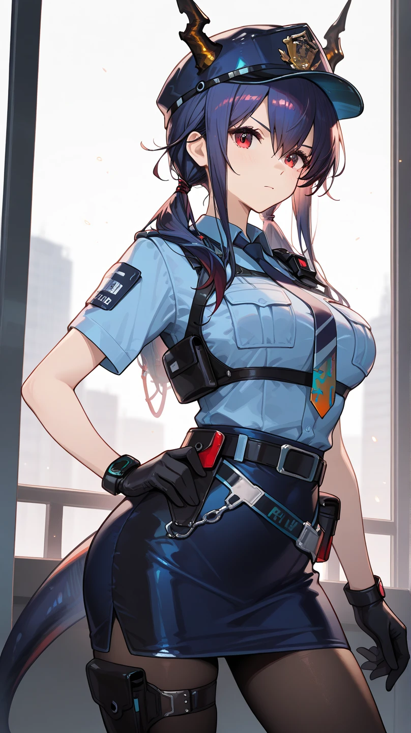 masterpiece,best quality,1girl,minamoto no raikou \(fate\),smile,huge breasts,long hair,purple hair,GCop,police uniform,belt,short sleeves,collared shirt,shirt tucked in,pantyhose,skirt,gloves,necktie,police hat,One-handed salute,<lora:CHAR-FGO-Raikou_Hard:0.5>,<lyco:Concept-Change-A-Character-Good Cop(GCop):0.7>,