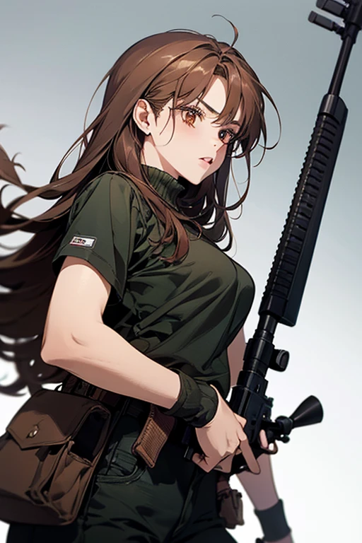 brown hair hazel eyes solo muscular girl toned body perky breasts empty eyes frown thick pale skin shooting range weapon gun firearm tactical gear shooting range weapon gun firearm tactical gear shooting range weapon gun firearm tactical gear