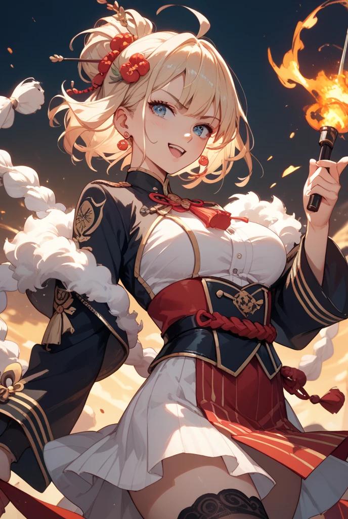 gonzarez, masterpiece, Serenaj, 1girl, solo, jewelry, Chinese dress , smile, blonde hair, blue crystal earrings, hat, blue eyes, open mouth, eyelashes, vest, blush, bangs, breasts, medium hair, bracelet, looking at viewer, outdoors, sky, night, sparkle, light, fire works 