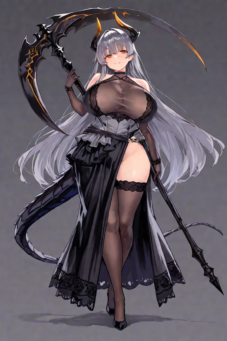 fantasy-themed character in a black robe with a pointed hood adorned with long mountain goat horns stands confidently, She wields a large, ornate scythe and has long, flowing white hairs, her lirs are pink,she wear a black leotard swimsuit,black thigh highs,large breast,large thigh,puffy nipples,dungeon squad,bephomet