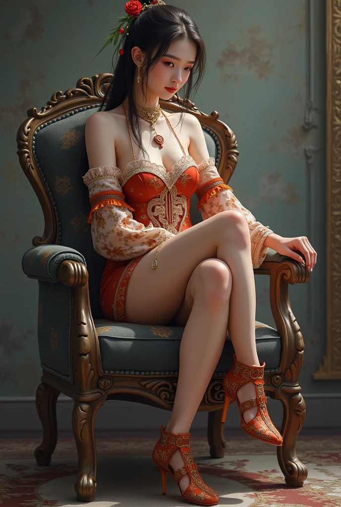 ((aeolian)), 1 girl, beautiful face, Princess, (wearing a torn red gown), very long black hair, slim body with long legs, shiny skin, forest background, small bare feet, camera view from the side, full body view, sitting on table with her legs up