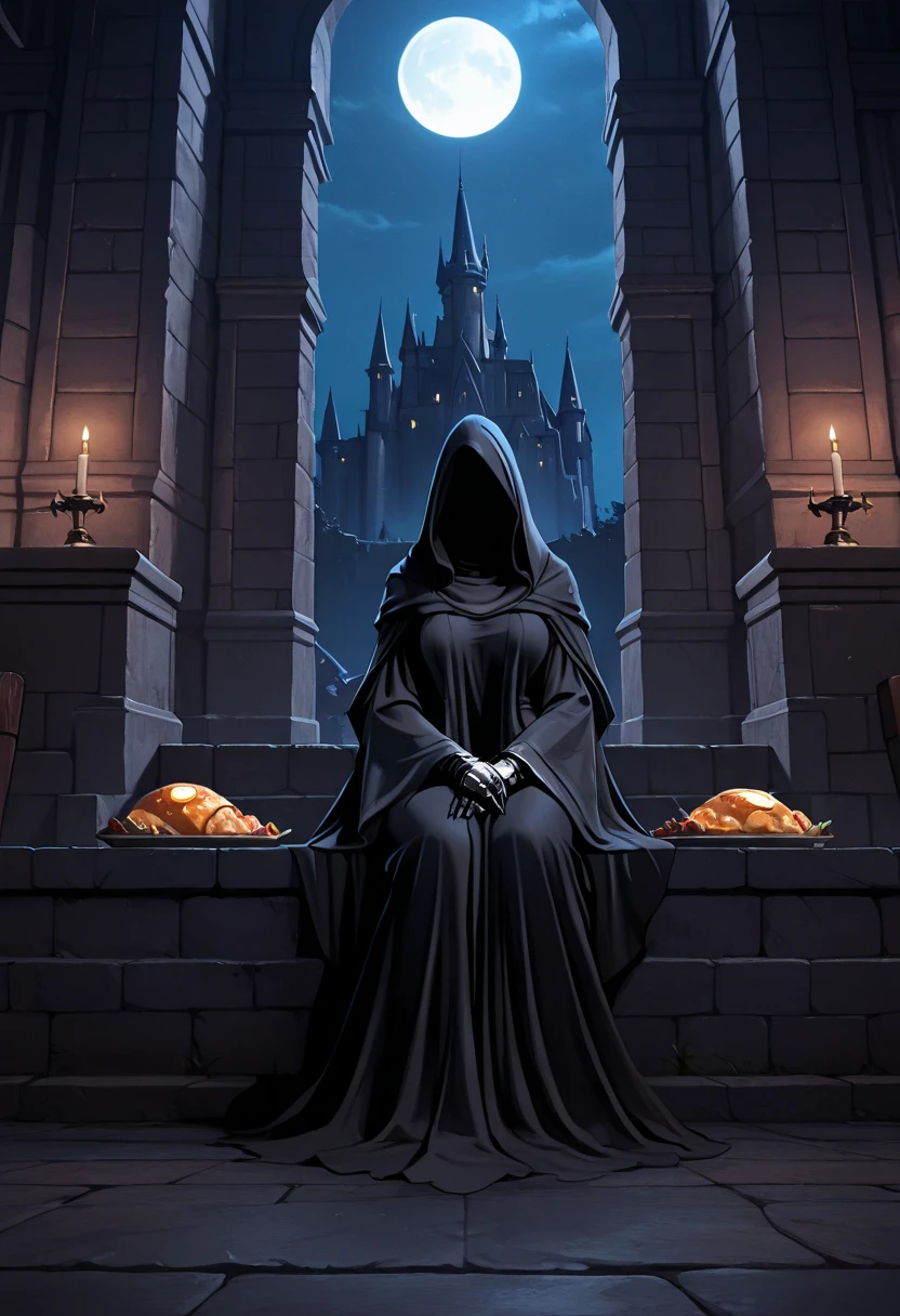 imagem arafed de um esqueleto em um manto e um castelo exuberante, arte de fundo, Assustadora Rainha da Morte, Deusa da morte em uma floresta sombria, Lots of fog invading the magnificent castle, lua cheia de fundo, Rainha da Morte, an ominous fantasy illustration, Fantasia sombria misturada com realismo, Deusa da morte, Retrato de um necromante feminino, Arte digital escura, mas detalhada, arte digital de fantasia sombria, Saint Skeleton Rainha