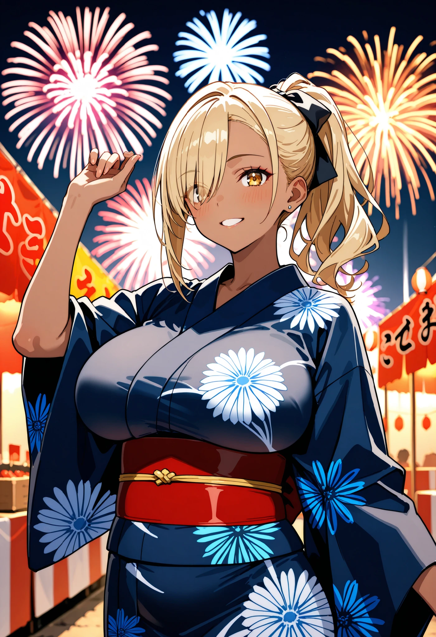 ((Best Quality)), ((Masterpiece)), (detailed), 1 girl, Pastel yellow hair, long hair, hair covers one eye, purple eyes, tight, big breasts, big thighs, expression smiling shy, japanese festival clothing, fireworks festival