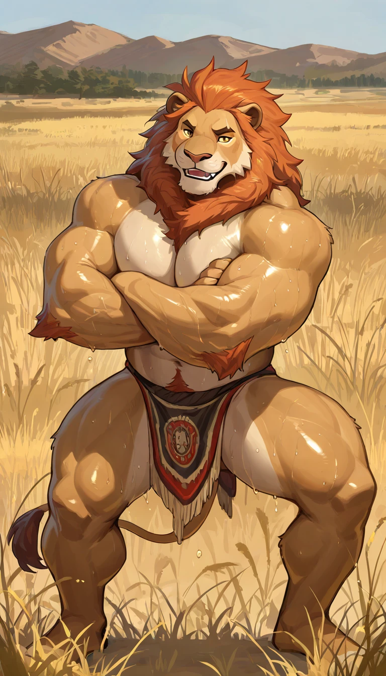 RedXIII (Final fantasy),male,adult,alone,4K,best quality,best quality,looking at the audience,,Topless,not wearing clothes,bare chest,furry tail,chest muscles,pink nipples, Six-pack abs, biceps, 弯曲biceps, anatomically correct,Delicate fur,pride,soft shadow,majestic,High quality eyes,brown eyes,Yellow pupils,Grandiose,brave,Loincloth,grassland,Blue sky and white clouds,sun