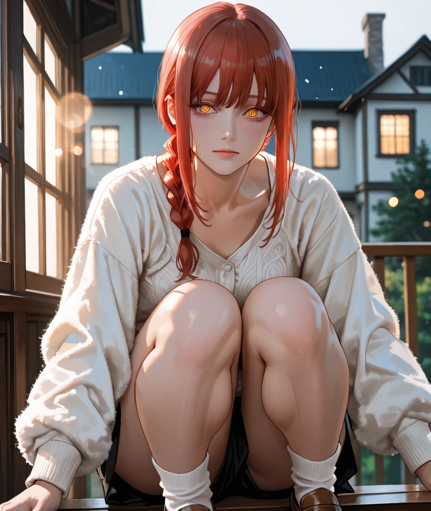 red hairs、hime-cut、Golden Eyes、eye glasses、ssmile、Early teens girl、Smaller chest、Thin pubic hair、Open the white robe、Opening legs、countryside village、low angles