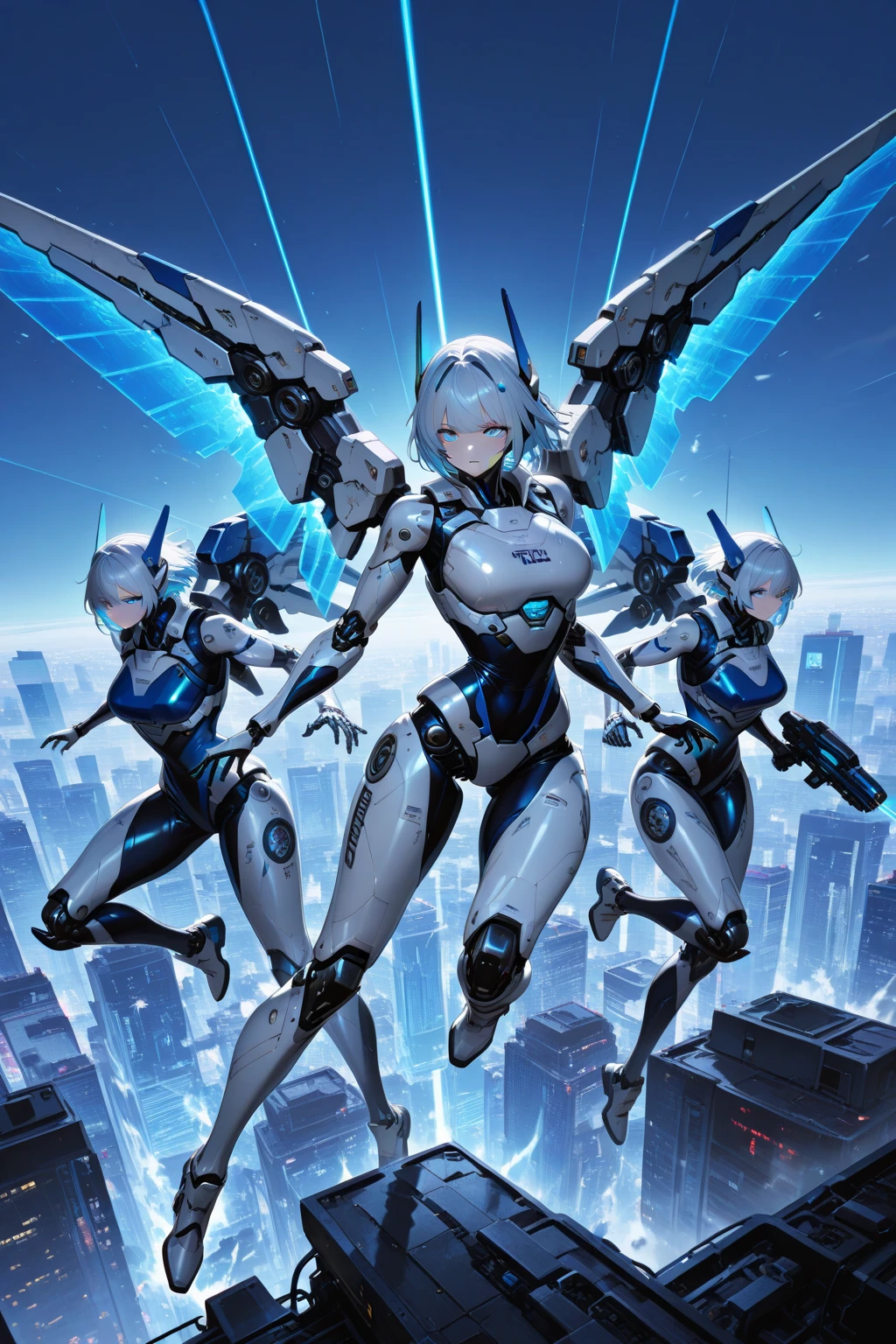 a beautiful and dangerous world, a world in the clouds, a white world, techno heaven. Describe the visual elements of a cloud inspired world were everything is white with colors as lighting, including the use of neon lights, glowing lines and shapes, and the distinctive blue and white color scheme. combine, futuristic, technological, details, enhancements, aesthetic, visuals, elemental, virtual reality, digital realm, sexy and beautiful, elegant and mysterious, dangerous and deadly. two characters, (a cyborg girl (huge boobs:1.2)), (blue harpy robot (huge boobs:1.4))