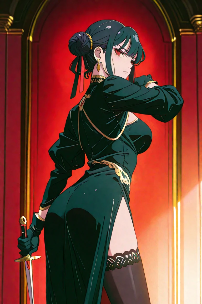 ((1girl)),((alone)),Yor Forger,(masterpiece), (best quality), (ultra detailed), (best illustration), (best shadow), (absurdities), sharp focus, cowboy photo , mature woman, looking at viewer, big breasts, narrow waist, wide hips, wide thighs, round butt, dynamic posture, golden headband, red eyes, black hair, short hair, hair with two long strands, gold earrings, jewelry, bare shoulders, collarbone, (golden headband, hair ornament, red eyes, short black hair, long locks, gold earring, choker, bare shoulders, black dress, tight dress, two-sided dress, black gloves, fingerless gloves , black boots, thigh high boots, seductive smile, closed mouth, (sexy pose: 1.2), alone, standing: 1.3, on top of an apartment, leaning on a railing, city view, city lights, looking back, from behind,((focus on ass:1.4)), point of view: (from below), red blush, perfect anatomy, perfect hands