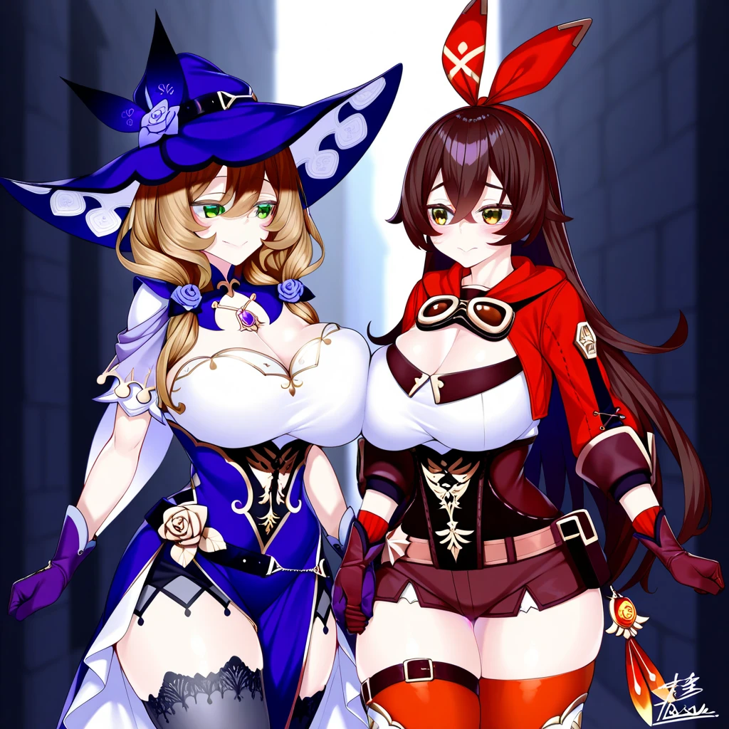 (masterpiece, best quality, high resolution), (ninems),hat, witch hat, gloves, shoulders, thighhighs, black legwear, ((happy,blue eyes,paizuri pov, 2girl,hetero, penis, breasts squeezed together))