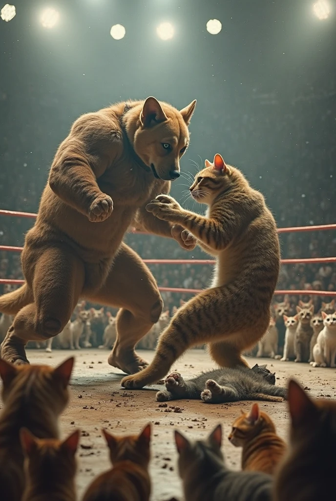 In the 'Meow Gym,' the now-matured cat bodybuilder, having grown strong and confident, faces off against the dog bodybuilder in a high-stakes rematch. Both competitors are in their prime, showing off their impressive physiques and readiness for the challenge. The gym is buzzing with excitement as other gym-goers gather around to watch the showdown. The cat, with a determined expression, prepares for the fight, while the dog, equally focused and muscular, stands ready. The atmosphere is charged with anticipation and respect, as the two former rivals prepare to clash in a friendly yet fierce competition, highlighting their growth and mutual admiration."