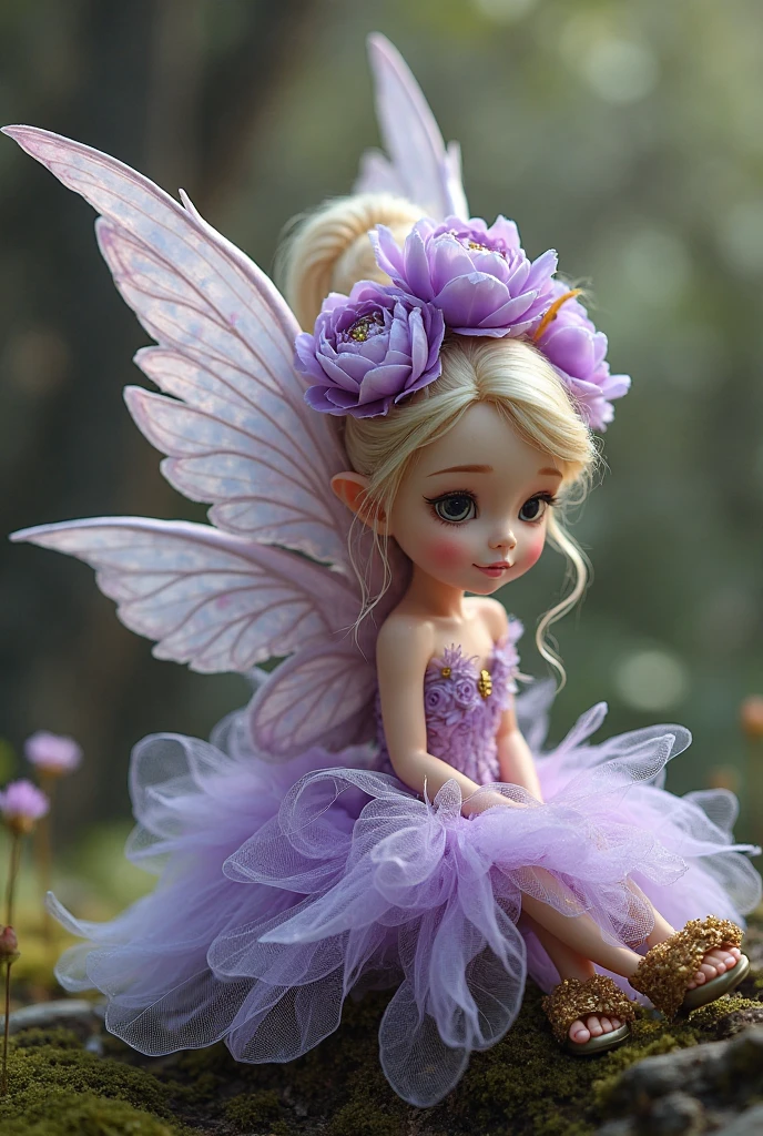 small fairy, plays on large tuberous, flowers in the background, high angel pov 120mm, macro shot, depth of field, soft front light, glow, HDR, (muted colors:1.2), Canon RF 100mm F2.8L Macro IS USM