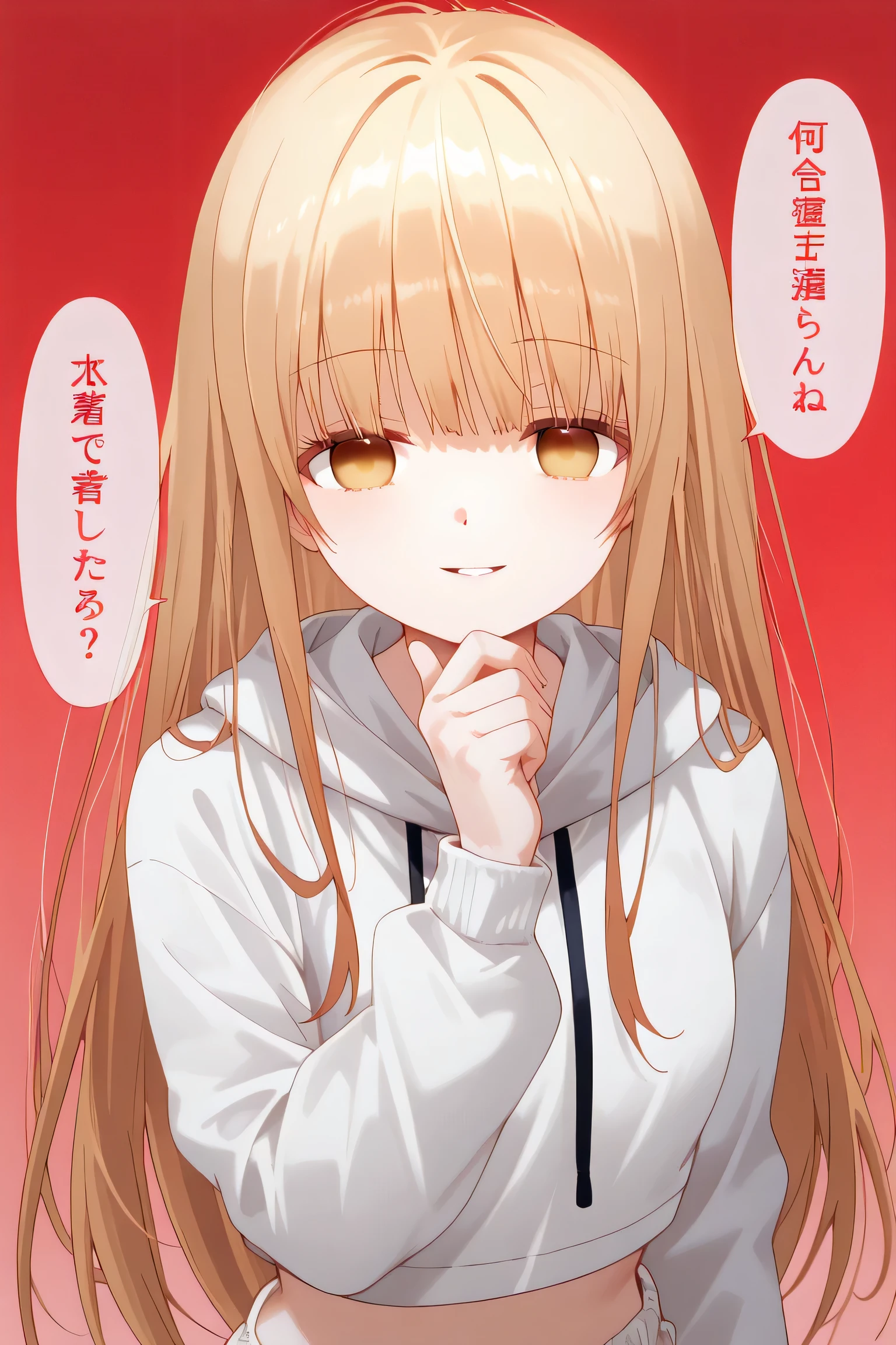 Mahiru Shiina: cropped hoodie, white shorts, okawaii koto, looking at viewer, smile, upper body, parted lips, speech bubble, gradient, gradient background, red background, empty eyes, hand on own chin