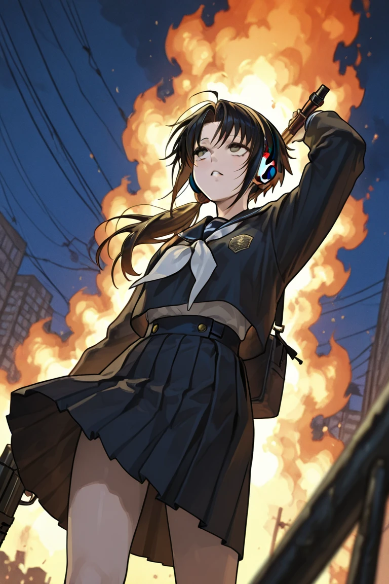 Levi、wearing headphones、Japanese student uniform、Ruined City、a strong monster jumps up、Looking up and shooting、Burning City、Equip heavy weapons、Gunfire、night