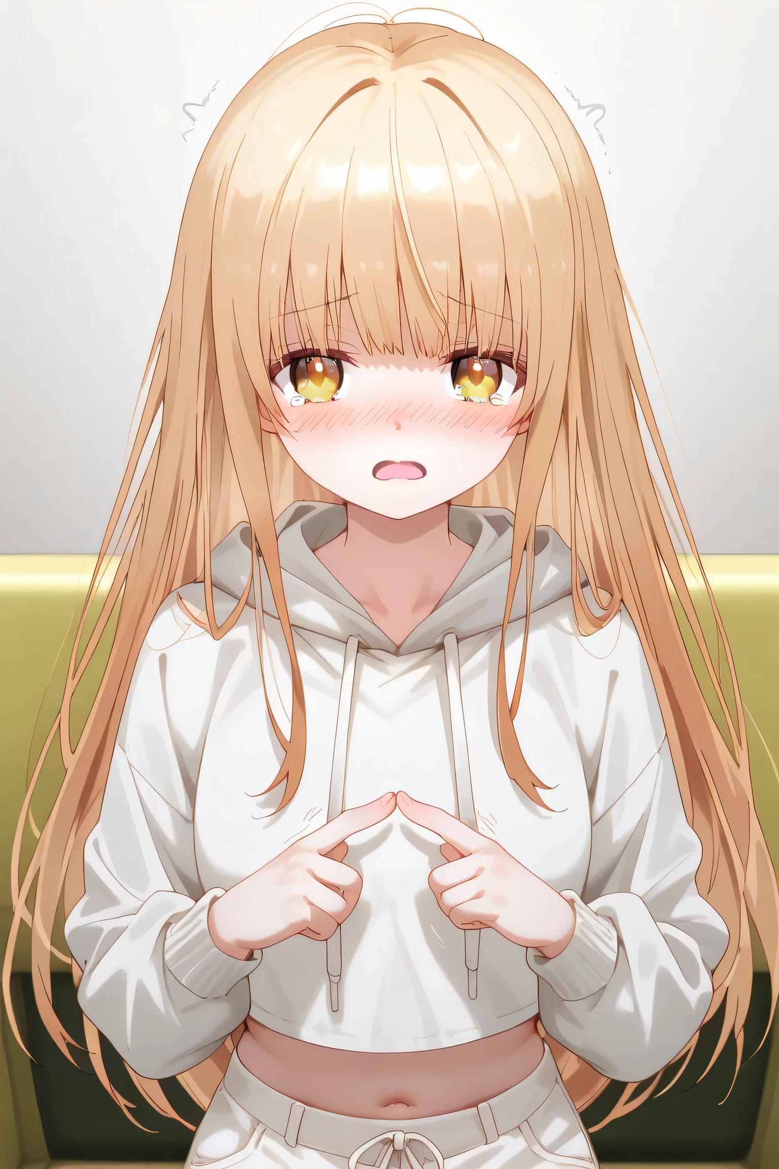 Mahiru Shiina: cropped hoodie, white shorts, fidgeting index fingers together, index fingers together, open mouth, looking at viewer, fidgeting, blush, tearing up, upper body